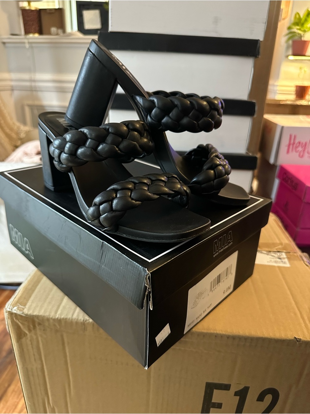MIA Black Braided Double-Strap Block Heel Sandals- New In Box